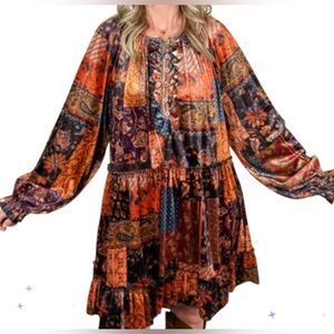 Easel NWOT Size Small Autumn Patch Velvet Dress Ruffle Front Detail (D155)